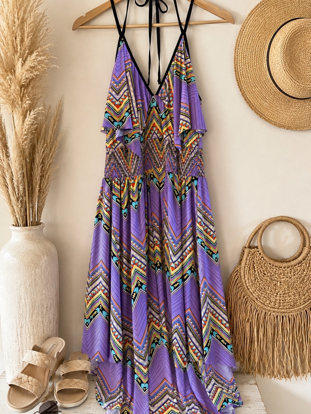T-Bags Los Angeles Boho Tribal Print Mini Dress Purple Halter NWOT ✨Rare Find✨